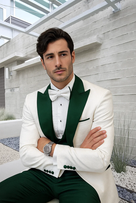 Men’s White Paisley & Hunter Green Tuxedo – Designer Vested Wool Suit for Wedding & Prom