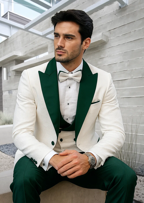 Men’s White Paisley & Hunter Green Tuxedo – Designer Vested Wool Suit for Wedding & Prom