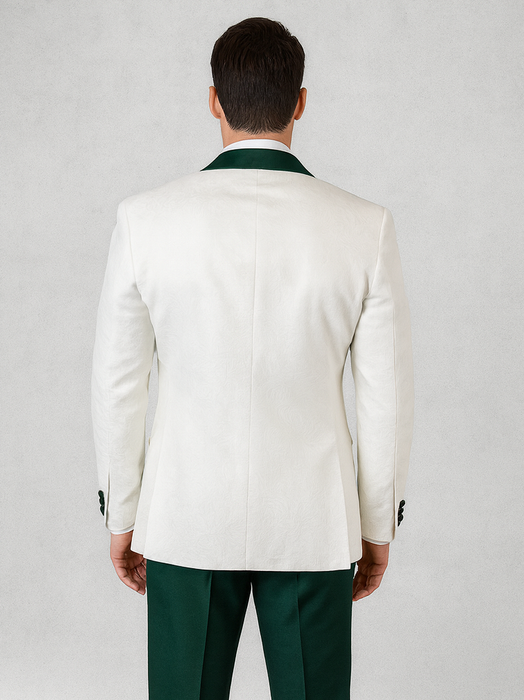 Men’s White Paisley & Hunter Green Tuxedo – Designer Vested Wool Suit for Wedding & Prom