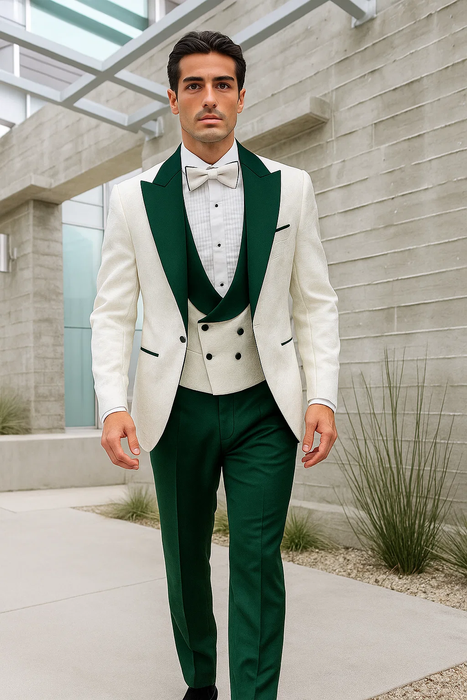 Men’s White Paisley & Hunter Green Tuxedo – Designer Vested Wool Suit for Wedding & Prom