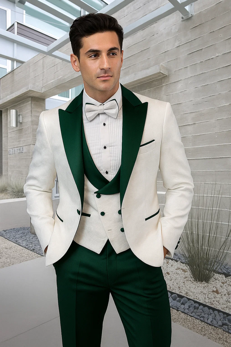 Men’s White Paisley & Hunter Green Tuxedo – Designer Vested Wool Suit for Wedding & Prom
