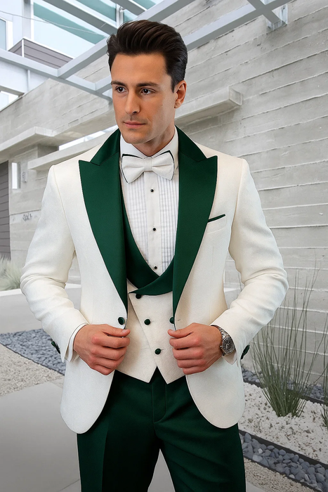 Men’s White Paisley & Hunter Green Tuxedo – Designer Vested Wool Suit for Wedding & Prom
