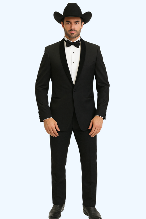Men's Two Toned Full Lapel Shawl Black Tuxedo wool Fabric Suits