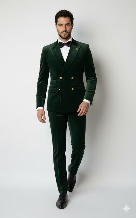 Mens Velvet Suit - Slim Fit Double Breasted Suit Blazer and Pants - Green