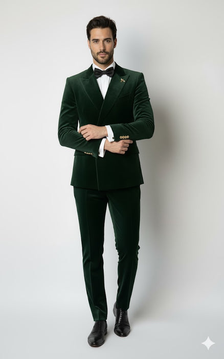 Mens Velvet Suit - Slim Fit Double Breasted Suit Blazer and Pants - Green