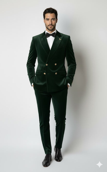 Mens Velvet Suit - Slim Fit Double Breasted Suit Blazer and Pants - Green