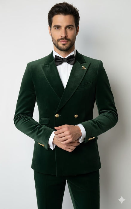 Mens Velvet Suit - Slim Fit Double Breasted Suit Blazer and Pants - Green