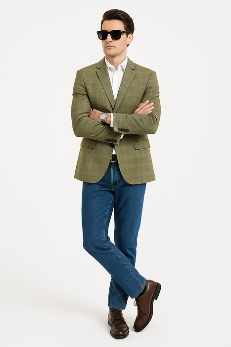 Saco vaquero - Western Sport Coat - Western Blazer - Men's Two Button Regular Fit Windowpane Plaid Sport Coat Blazer In Light Olive Green