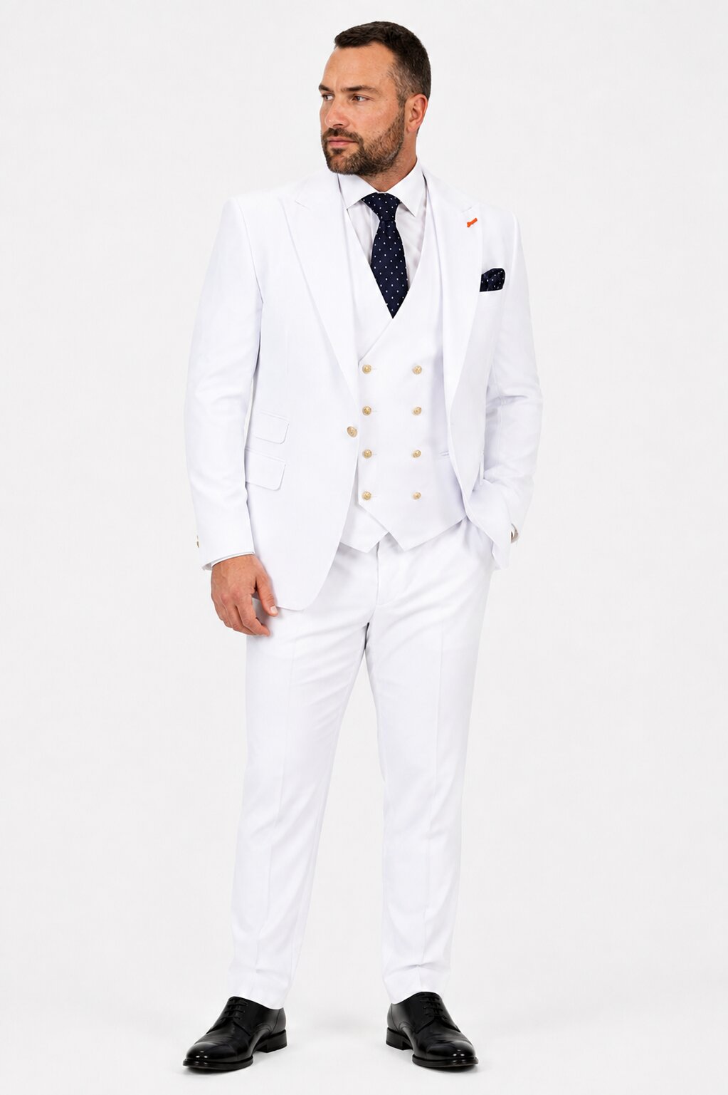 Men's White Statement Ticket Pocket Peak Lapel Wool Double Breasted Vest Suit with Gold Buttons – Modern Fit