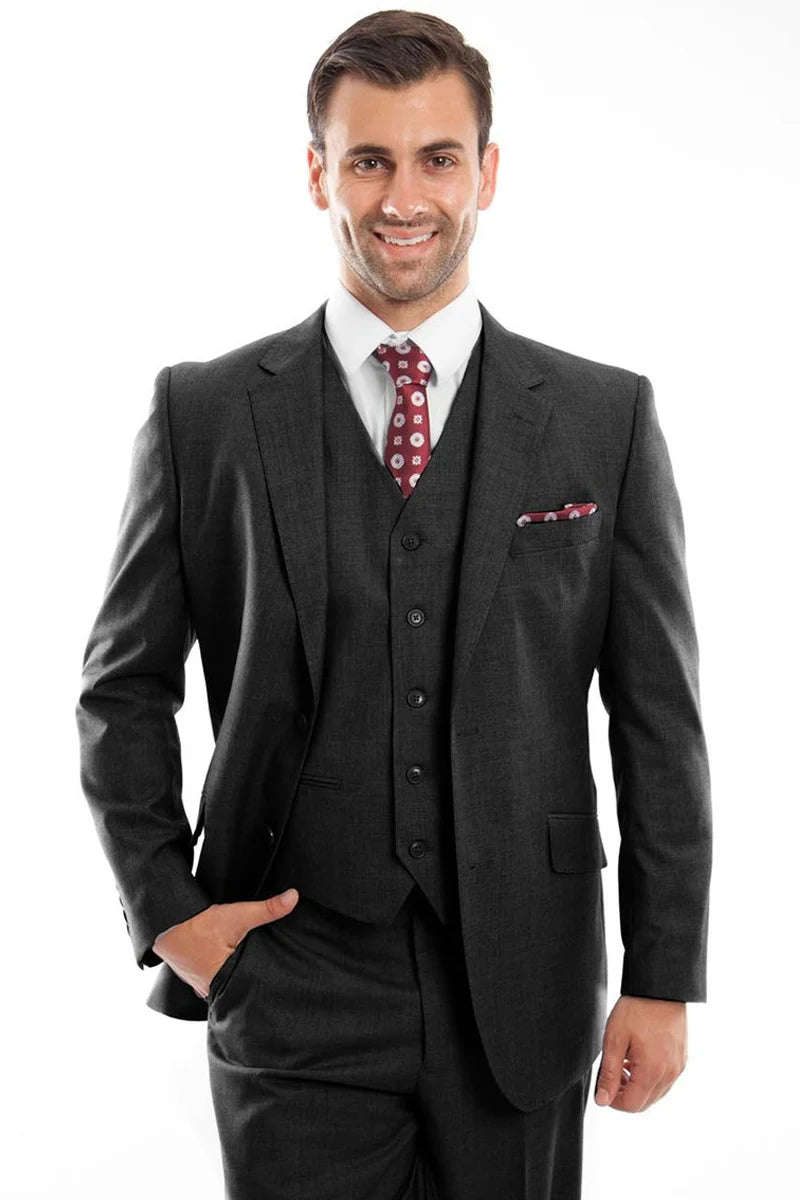 Mens Zegarie Brand Men's Designer Two Button Modern Fit Vested Wool Suit in Black Modern Fit