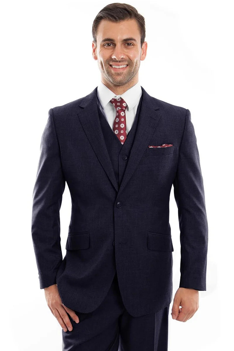 Mens Zegarie Brand Men's Designer Two Button Vested Wool Suit in Navy Blue Modern Fit