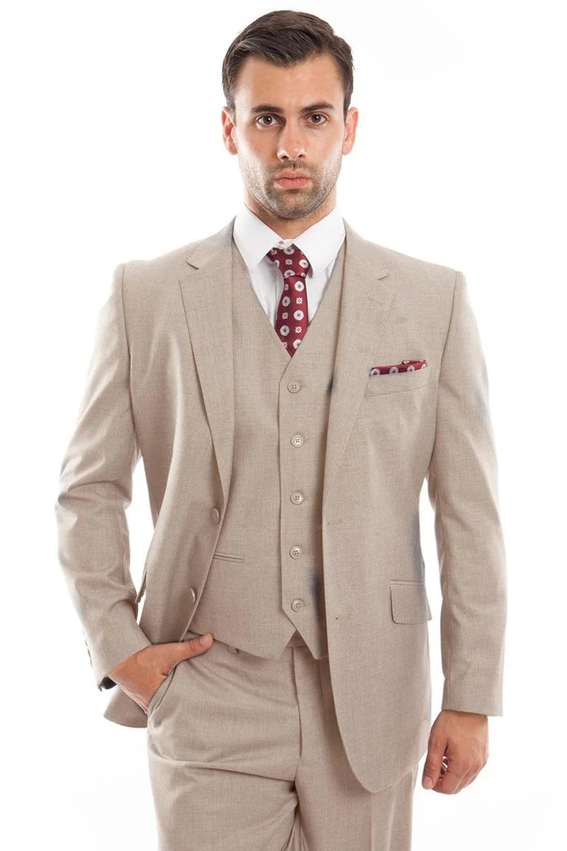 Mens Zegarie Brand Men's Designer Two Button Vested Wool Suit in Tan Modern Fit