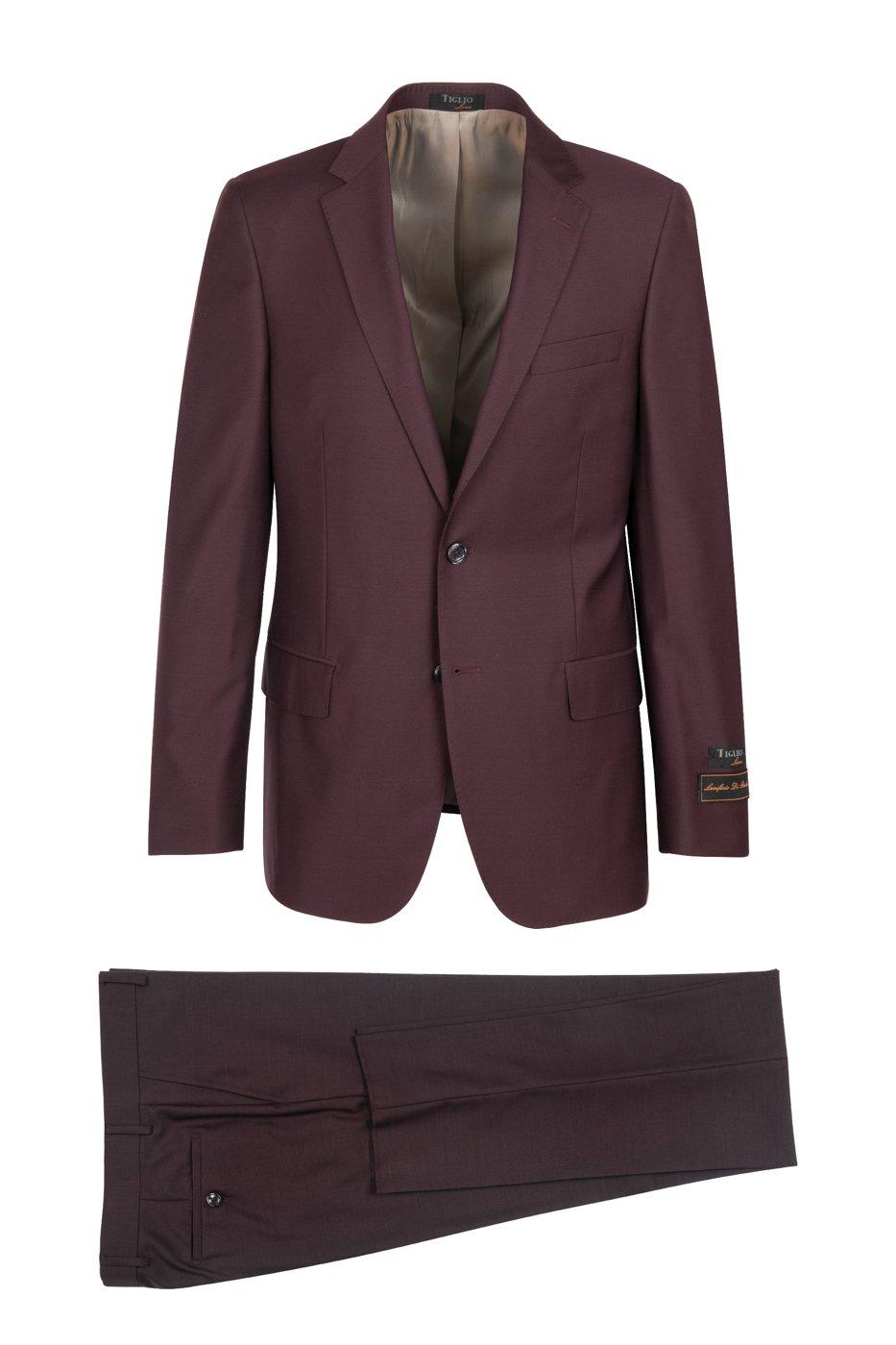 Tiglio Italian Suit - Real Wool Fabric Super 150's Novello Burgundy, Suit in Color Burgundy Modern Fit