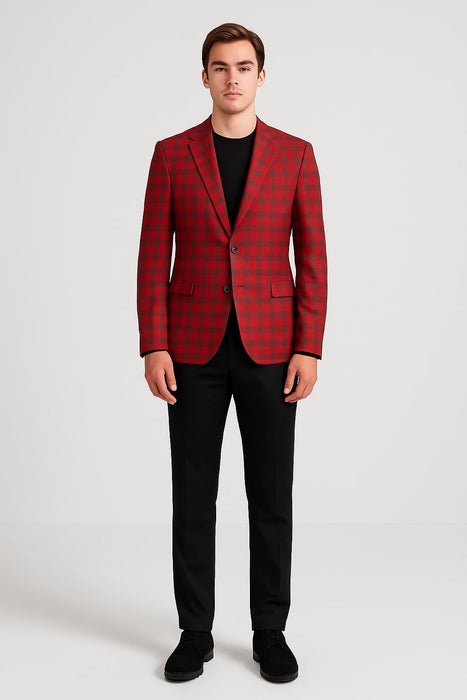 Modern Red Plaid Blazer – Tartan Windowpane Pattern Christmas Party Color