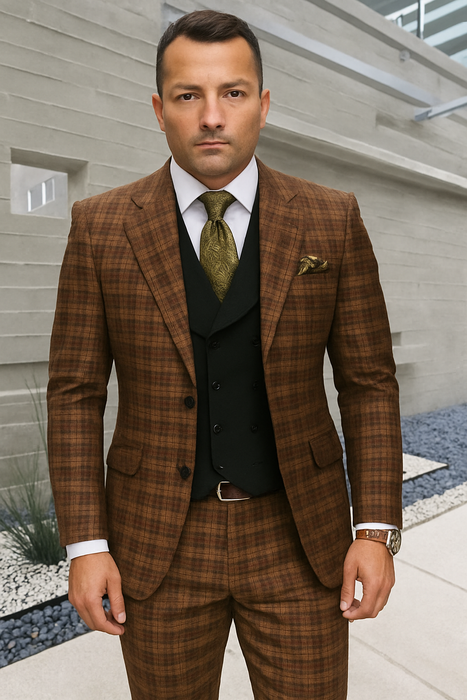 Statement Suits - Wool Suits - Peak Lapel Suits - Ticket Pocket - Modern Fit - Olive Suit