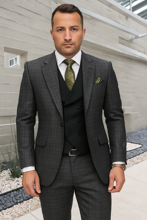 Statement Suits - Wool Suits - Peak Lapel Suits - Ticket Pocket - Modern Fit - Olive Suit