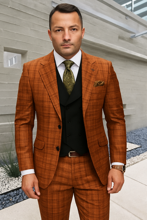 Statement Suits - Wool Suits - Peak Lapel Suits - Ticket Pocket - Modern Fit - Olive Suit