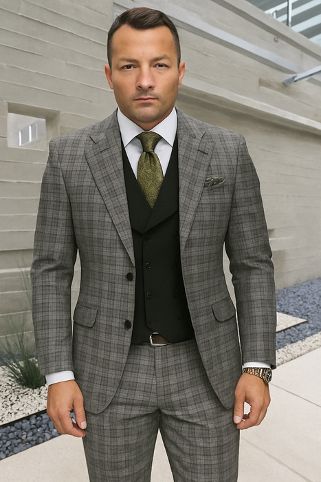 Statement Suits - Wool Suits - Peak Lapel Suits - Ticket Pocket - Modern Fit - Olive Suit