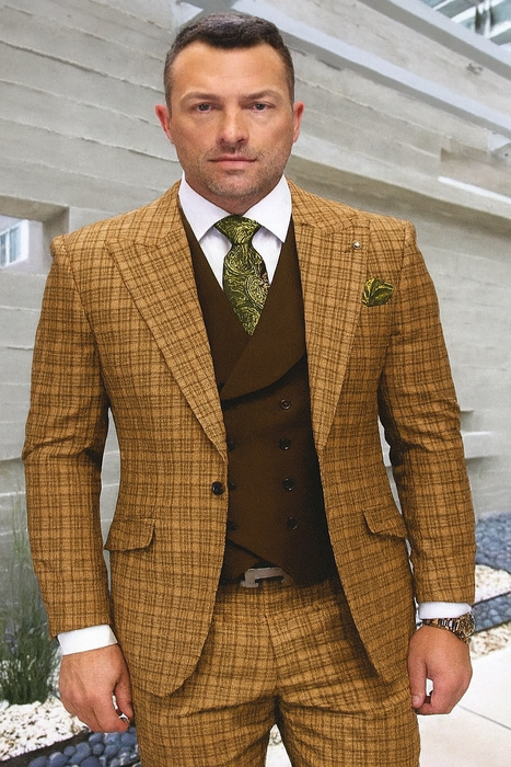 Statement Suits - Wool Suits - Peak Lapel Suits - Ticket Pocket - Modern Fit - Olive Suit
