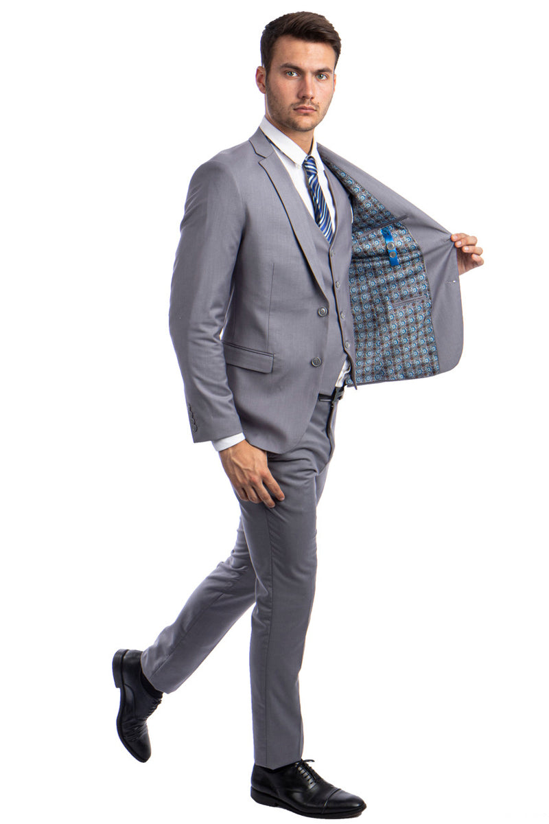 Graduation Suit - Men's Two Button Slim Fit Vested Solid Basic Color Suit in Grey - Image 2