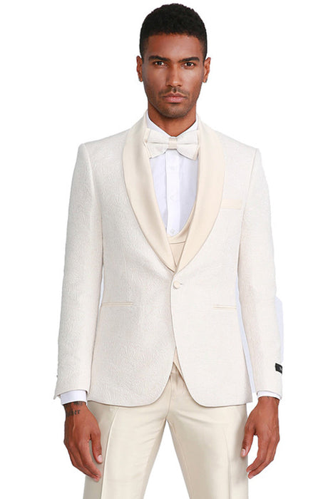 Graduation Suit - Men's One Button Vested Paisley Prom & Wedding Tuxedo with Satin Vest and Pants in Ivory