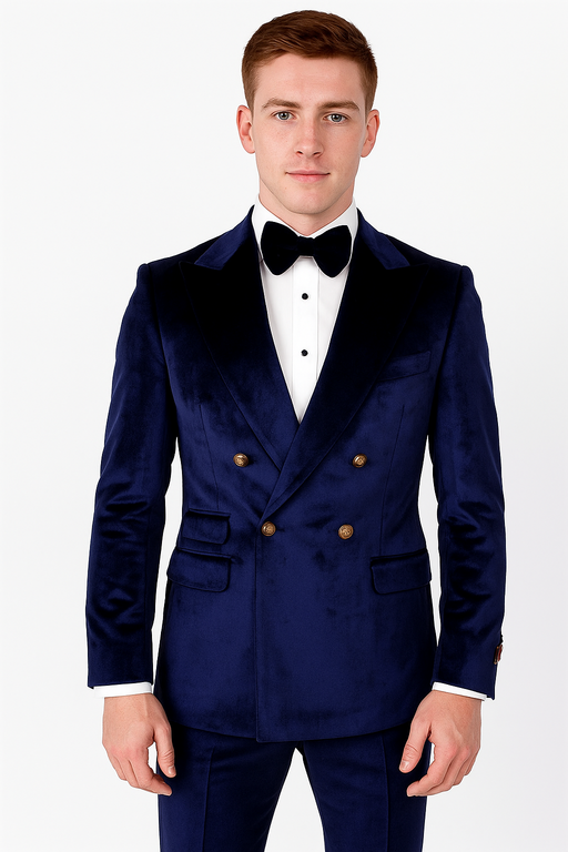 Navy Blue Velvet Double Breasted Suits - Velvet Pants - Slim Fit Suit