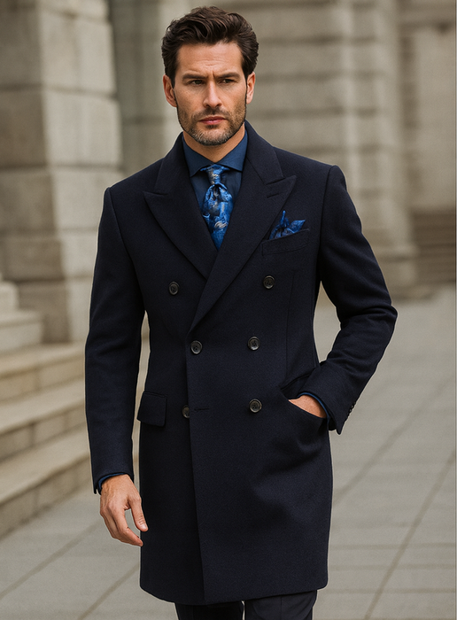 Navy Blue Wool Overcoat – Double Breasted Winter Topcoat for Men