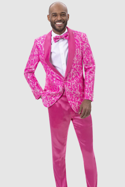 Men's Slim Fit Hot Pink Brocade Paisley Prom Tuxedo – EJ Samuel