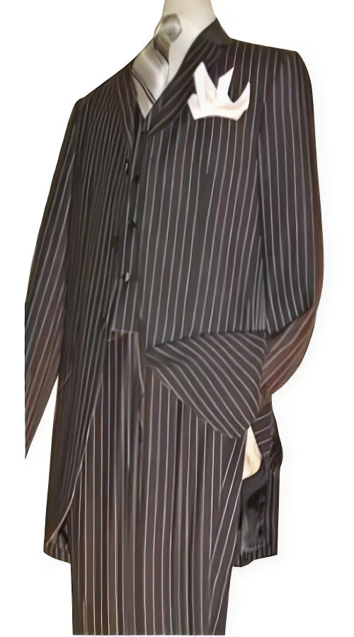 Highest Quality Jet Liquid Black Pinstripe Vested ~ Three Piece Suit Super 120's 100%