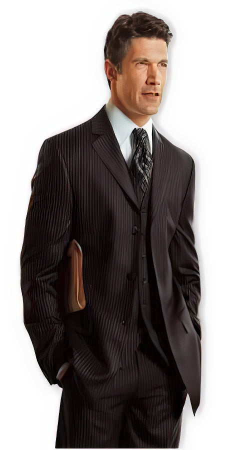 Vented Black Small Stripe ~ Pinstripe Vested Super 120's Poly-Rayon Developed By Nasa Available in 2 buttons only - Three Piece Suit