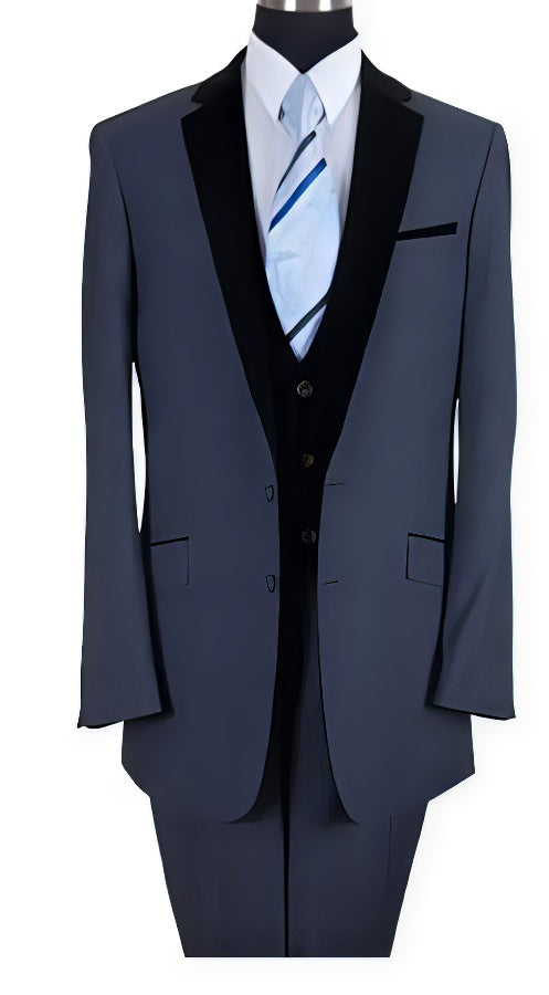 Two Tones Black Lapeled Vested Formal Dinner Suit Dark Navy Fashion Tuxedo For Men - Three Piece Suit