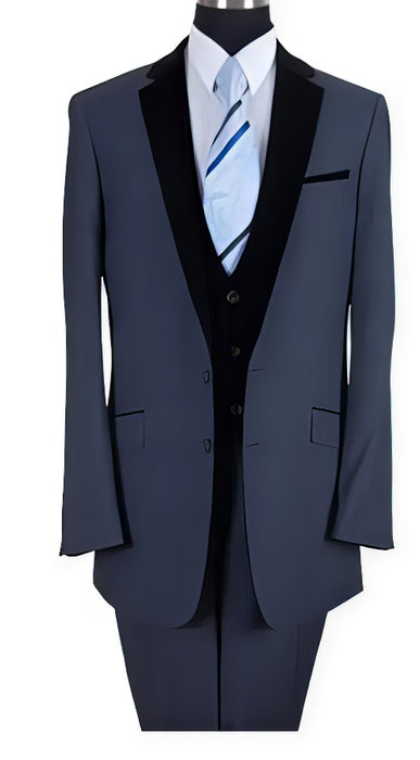 Two Tones Black Lapeled Vested Formal Dinner Suit Dark Navy Fashion Tuxedo For Men - Three Piece Suit