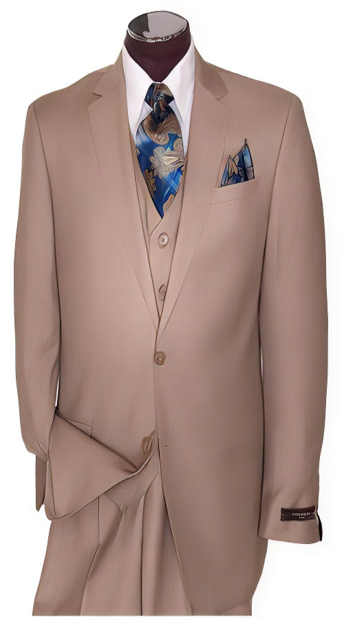Men's 2 Button Tan ~ Beige Regular Basic Cut Flat Front Pants Three Piece Suit