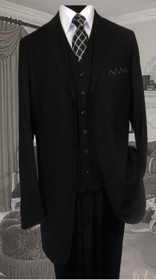 Classic 3PC 3 Button Solid Black Vested Men'S Suit With Pleated Pants