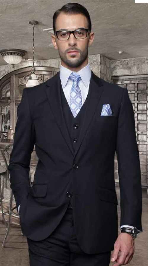 Nice 2 Button Solid Color Dark Navy Men'S Suit With A Vest 3 Piece Tapered Slim Fitted Flat Front Pants