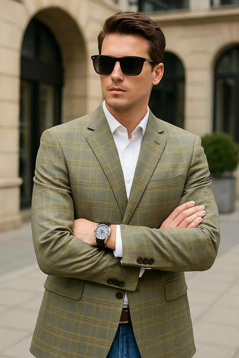 Saco vaquero - Western Sport Coat - Western Blazer - Men's Two Button Regular Fit Windowpane Plaid Sport Coat Blazer In Light Olive Green