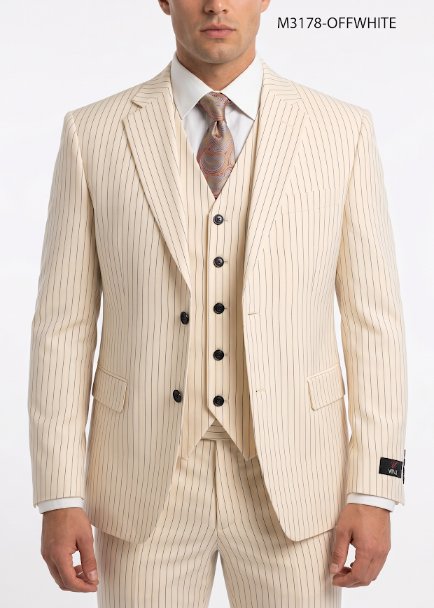 Men’s Ivory Cream Pinstripe 3-Piece Suit – 1920s Gangster Gatsby Wedding and Formal Suit Modern Fit