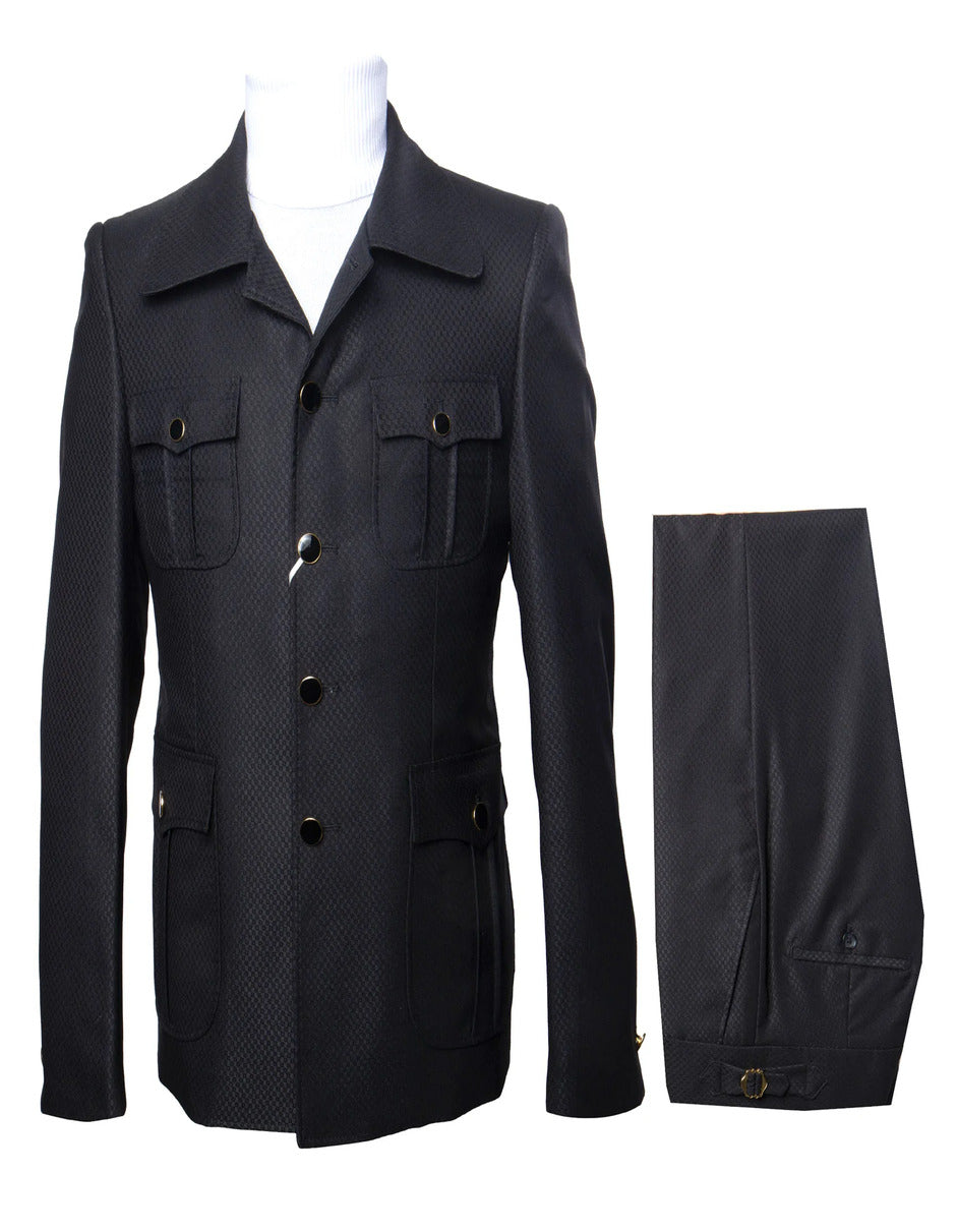 Men's Black Safari Suit with Textured Utility Jacket and Matching Trousers - Casual Walking Suit by Rossiman - Image 4