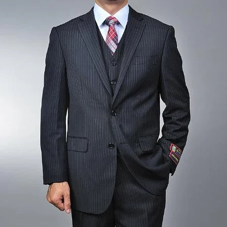 Italian Made By Statment - 100% Wool Fabric Super 150's Banker Pinstripe in Navy Charcoal Black 2 Button Suit Modern Fit 2 Buttons Notch Lapel
