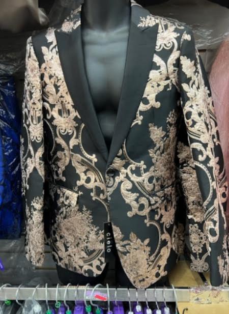 Mens Black and Rose Gold Floral Embroidered Blazer Suit Black Pants – Luxury Tuxedo Jacket for Weddings, Proms and Parties - Image 6