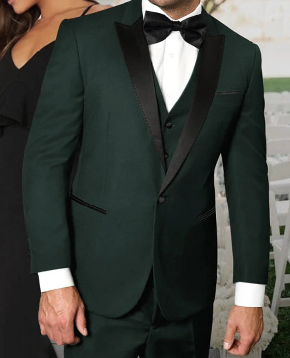 Men’s Hunter Green Tuxedo Suit 3 Piece – One Button Peak Lapel Designer Formal Suit for Wedding, Light Weight Wool By Statement Dark Green