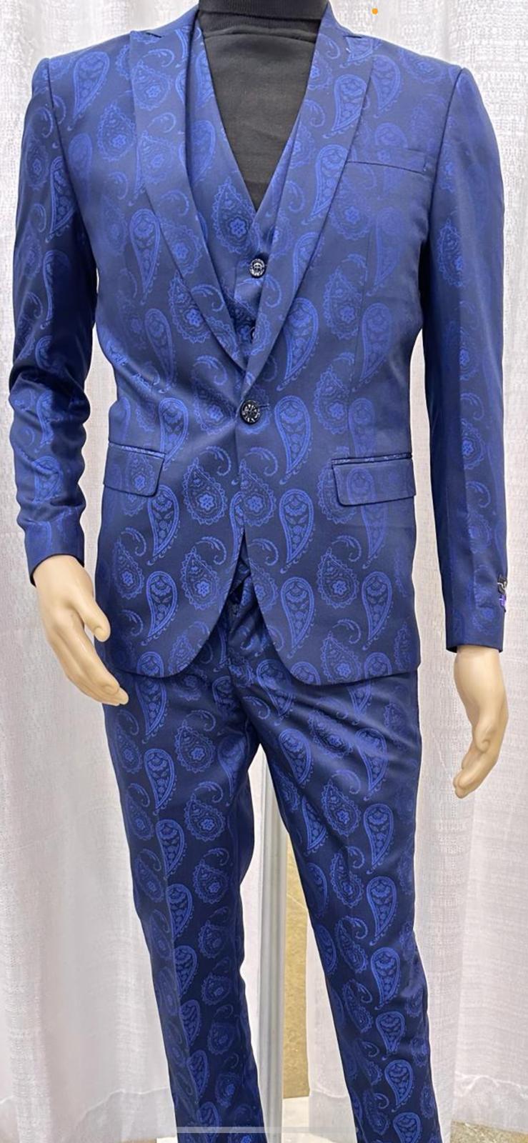 Men’s Sapphire Blue Paisley 3-Piece Suit – Slim Fit Designer Tuxedo Set for Weddings and Formal Events in Cobalt Blue Color