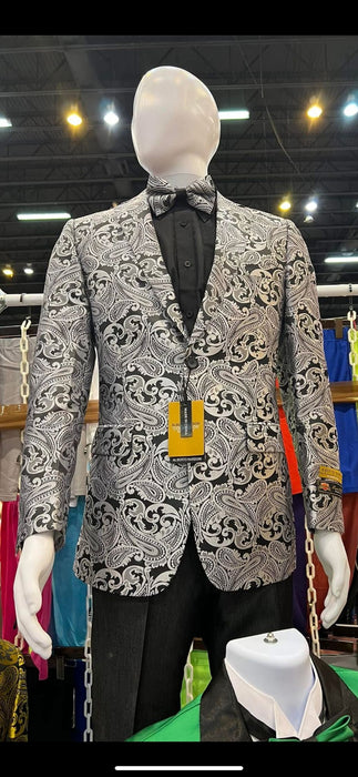 Men’s Black and Silver Paisley Tuxedo Jacket – Slim Fit Dinner Blazer with Matching Bow Tie with Black Pants $169