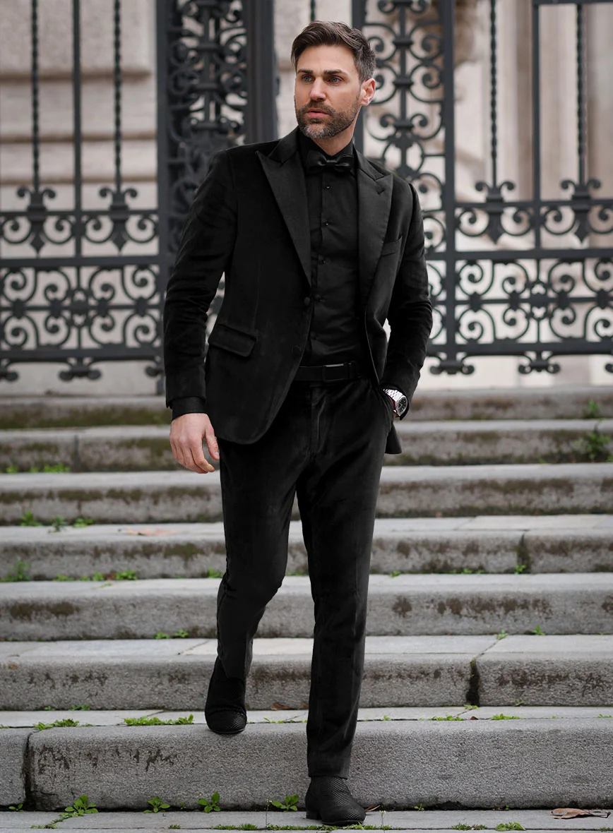 56 Men's Black Velvet Tuxedo Suit – Peak Lapel Wedding, Prom and Formal Evening Velvet Pants