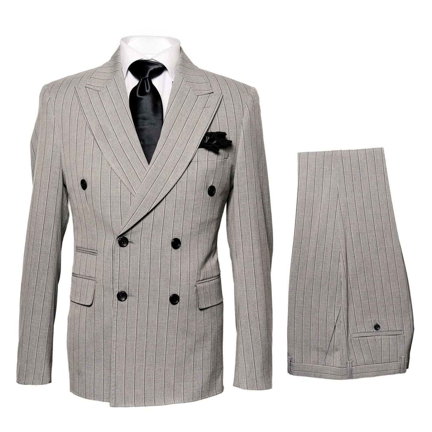 Men’s Grey and Black Pinstripe Double-Breasted Suit – 1920s Gangster Vintage Looking suit By Rossiman Modern Fit