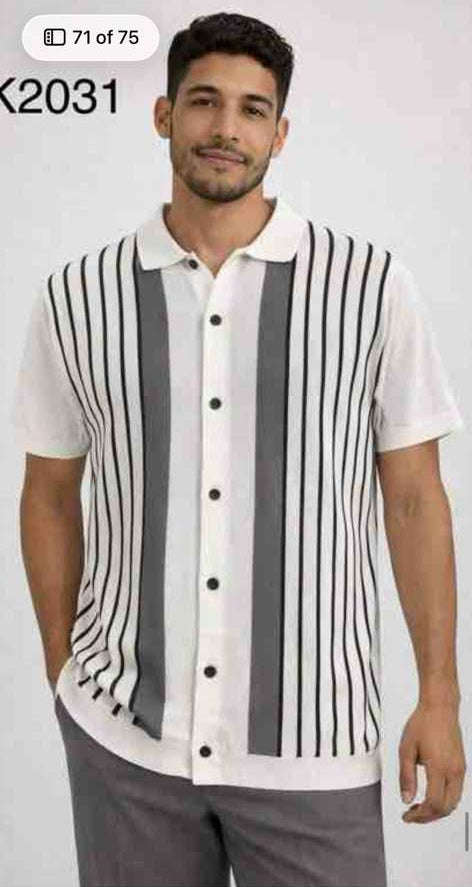 Mens White and Charcoal Gray Stripe Walking Suit Plus Matching Pants – Short Sleeve Button Shirt and Pants Casual Summer Outfit for Travel, Vacation and Everyday Wear