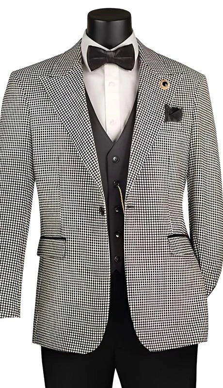 black white formal dress mens Men’s and Houndstooth Gatsby Inspired Suit – Vintage Style Suit for Wedding, Prom and Classic Events Blazer + Black vest + Black solid color dress