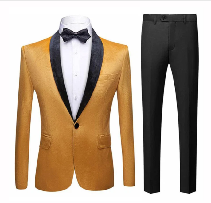 Men’s Velvet Gold Tuxedo Dinner Jacket – Black Shawl Lapel Wedding & Prom Blazer