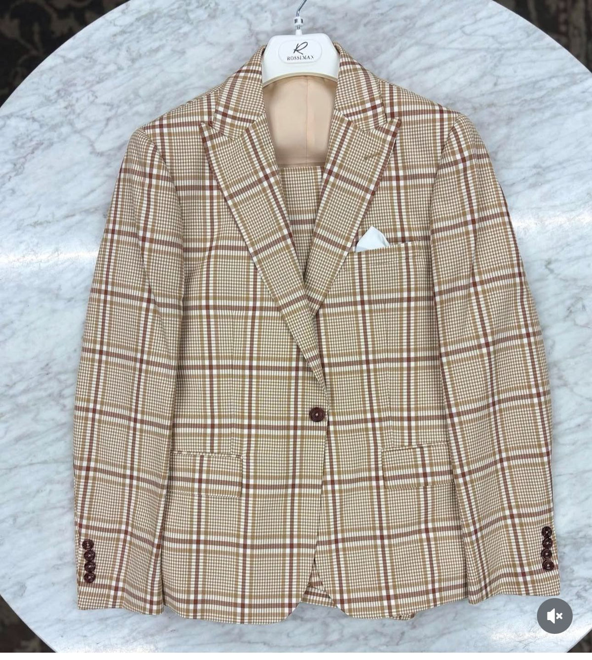 Beige Tan Plaid windowpane Two Piece Suit for Men | Classic Checkered Formal Suit with Jacket and Pants by Rossiman - Image 11