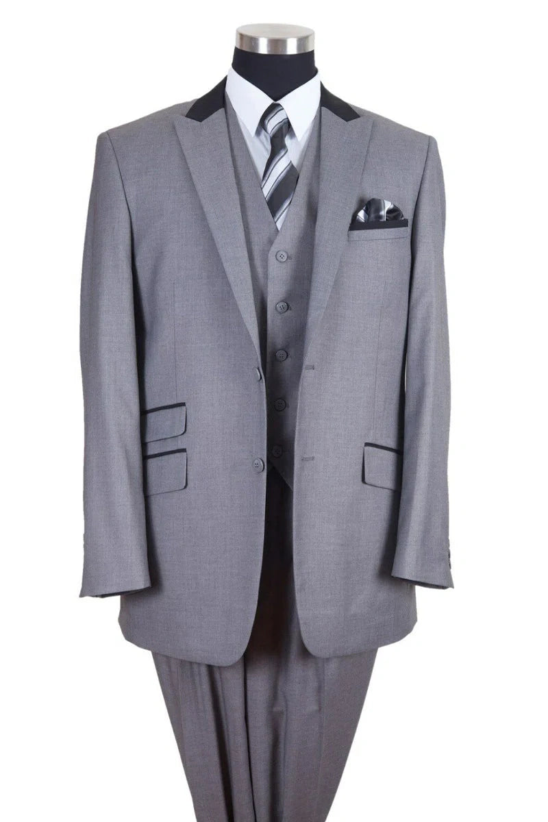 Men’s Light Gray Three Piece Suit with Black Chesterfield Collar – Classic Formal Wedding and Business Suit Set 1920s Vintage
